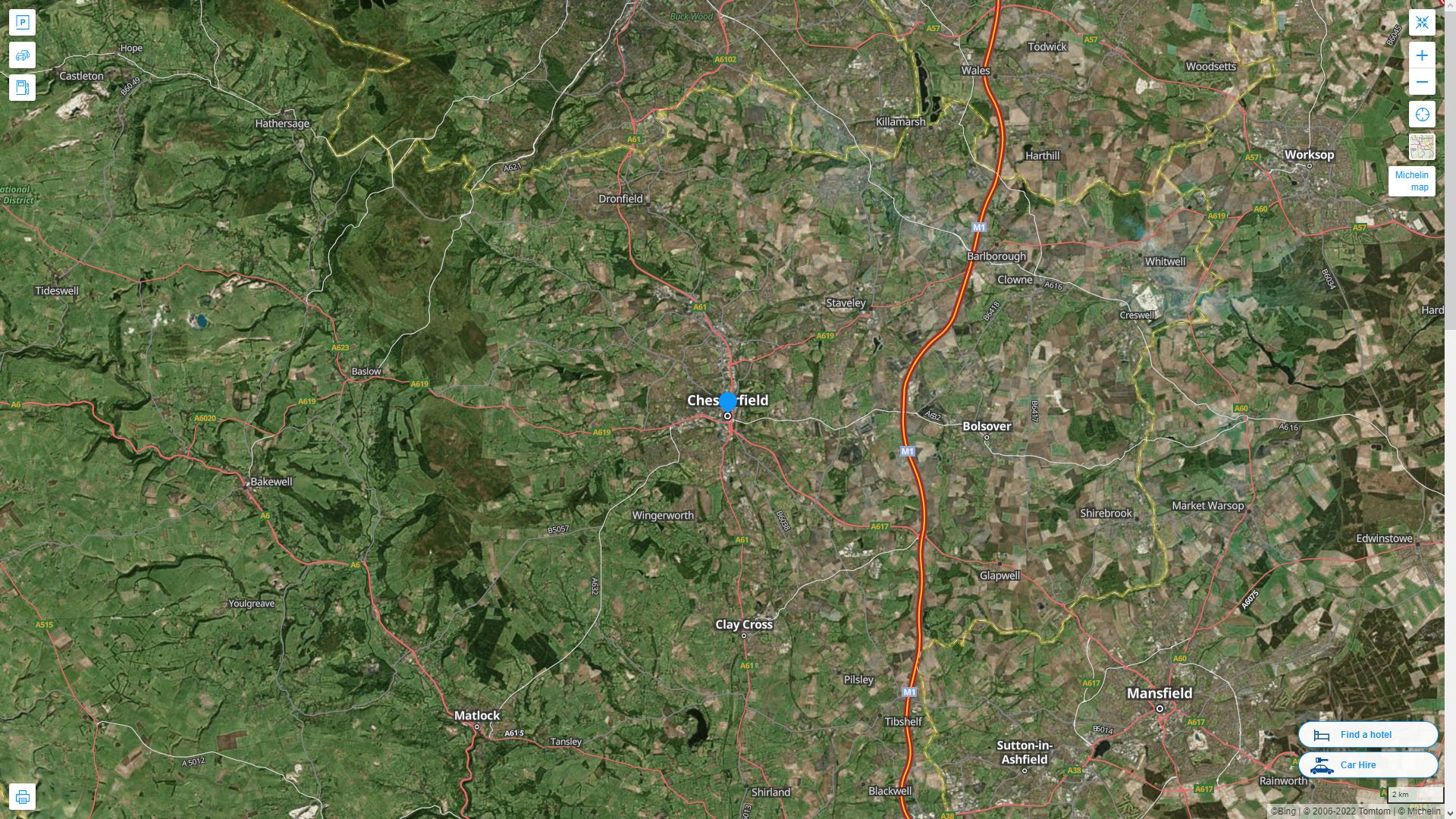 Chesterfield Royaume Uni Autoroute et carte routiere avec vue satellite
